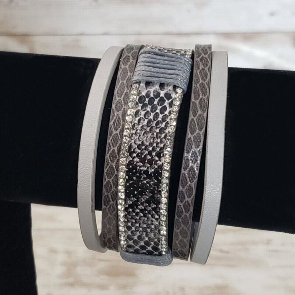 Chunky Cuff Bracelet Gray & Silver Tone With Clear Gems Statement